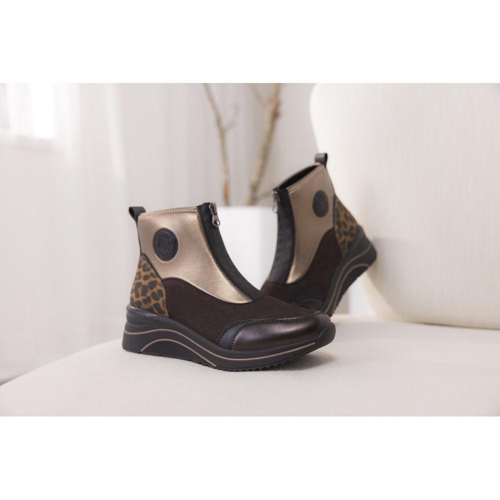 Remonte D0T78-90 women's wide-fit vegan ankle boots with metallic finish, front zip, leopard print accents, and chunky sole.