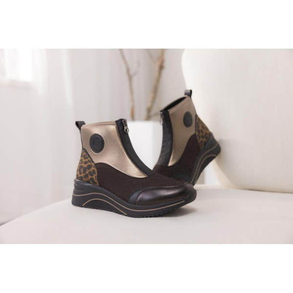 Remonte D0T78-90 women's wide-fit vegan ankle boots with metallic finish, front zip, leopard print accents, and chunky sole.