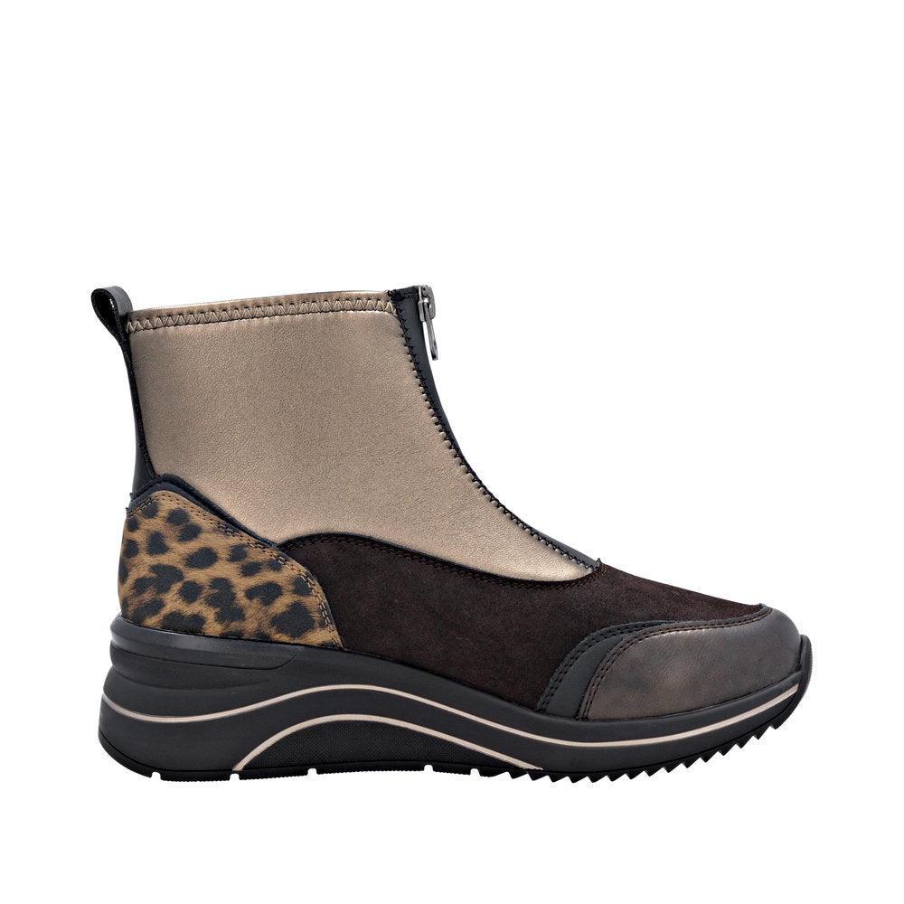 Remonte D0T78-90 women's wide-fit metallic vegan ankle boots with front zip, leopard print heel, and contrasting panel design.