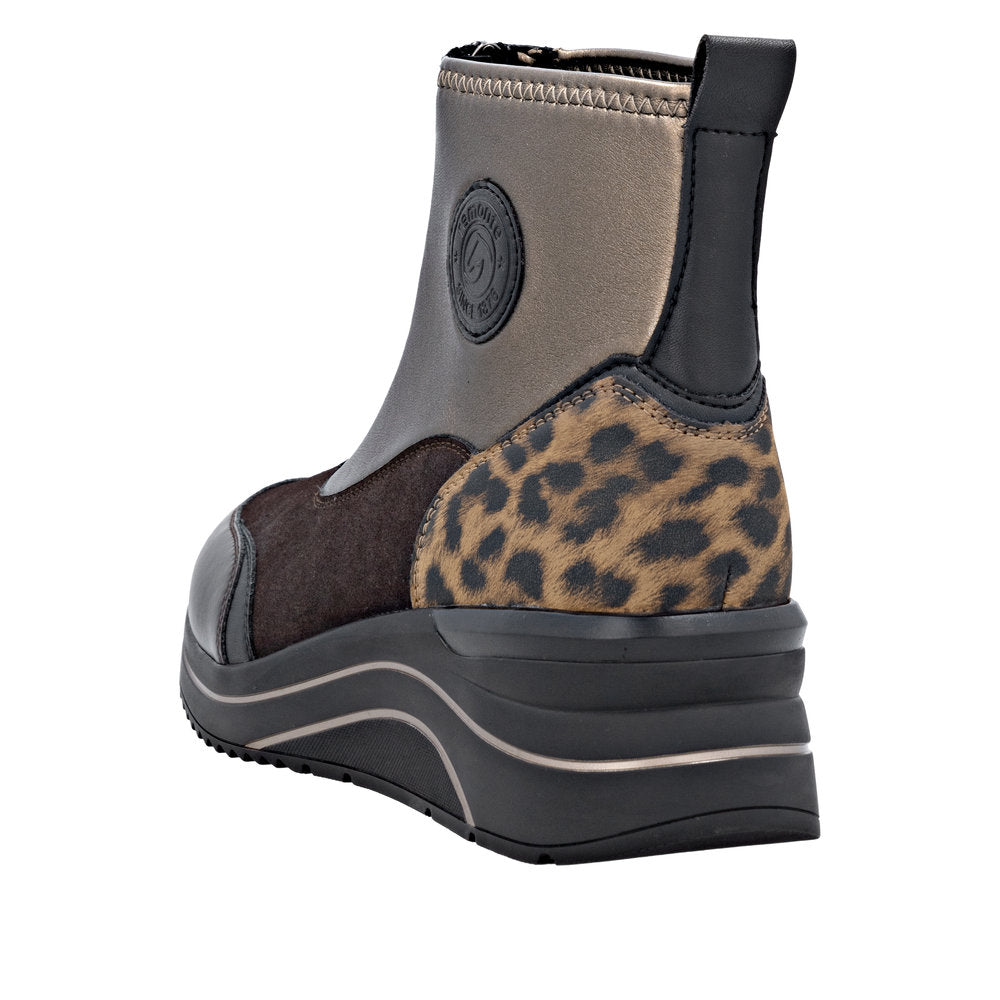 Remonte D0T78-90 women's wide fit ankle boots with metallic vegan upper, front zip, animal print heel detail, and sporty wedge sole.