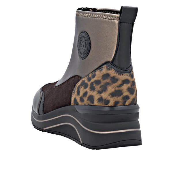 Remonte D0T78-90 women's wide fit ankle boots with metallic vegan upper, front zip, animal print heel detail, and sporty wedge sole.