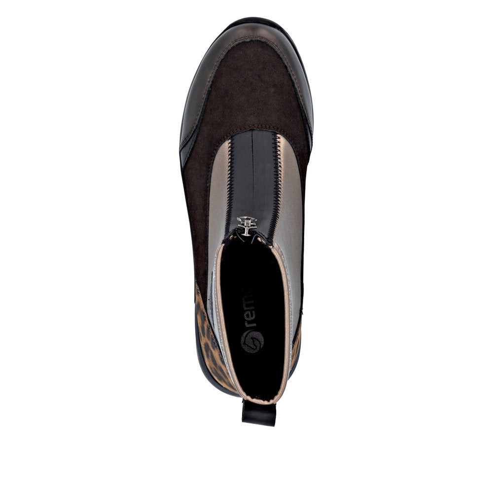 Remonte D0T78-90 women's wide-fit metallic vegan ankle boots with front zip, black, brown, and leopard print accents.