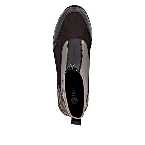Remonte D0T78-90 women's wide-fit metallic vegan ankle boots with front zip, black, brown, and leopard print accents.