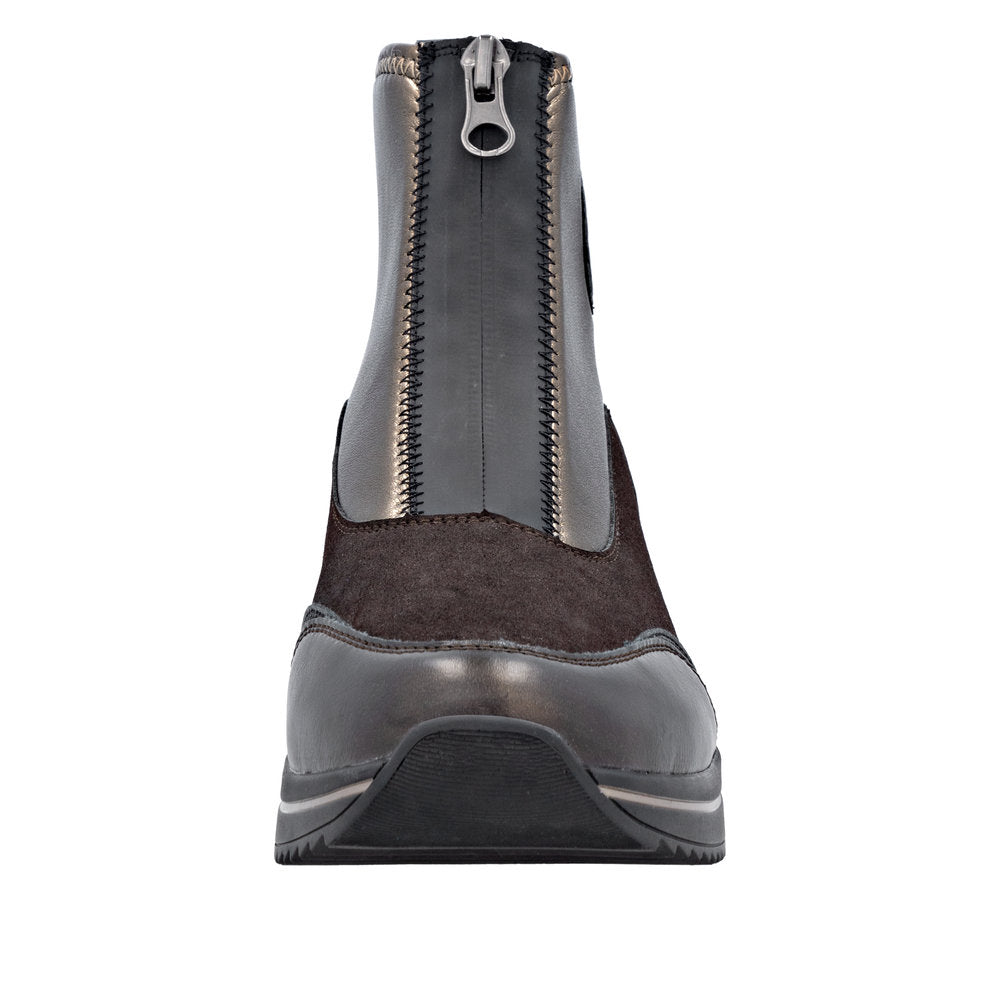 Remonte D0T78-90 women's wide fit metallic vegan ankle boots with front zipper, black and gray design, and chunky sole.