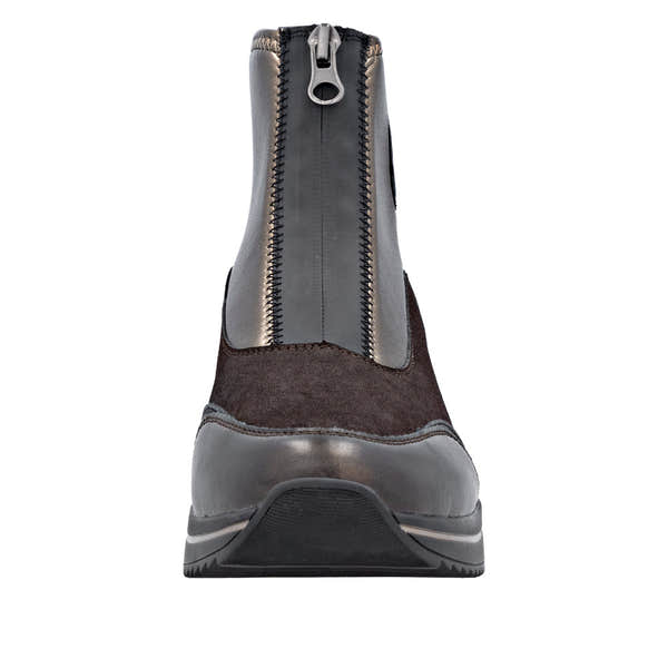 Remonte D0T78-90 women's wide fit metallic vegan ankle boots with front zipper, black and gray design, and chunky sole.