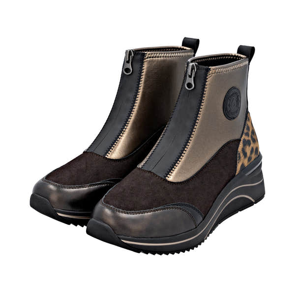 Remonte D0T78-90 women's wide-fit metallic vegan ankle boots with front zip, leopard print accents, and chunky sole.
