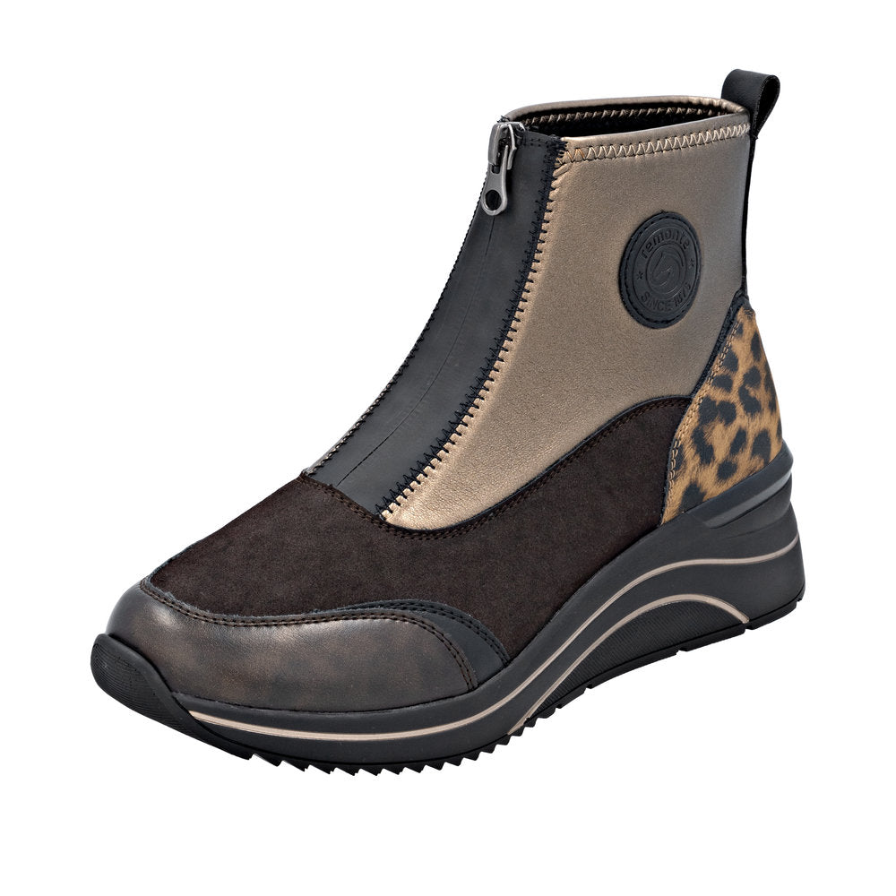 Remonte D0T78-90 women's wide fit ankle boots with metallic vegan upper, front zipper, and leopard print heel detail.