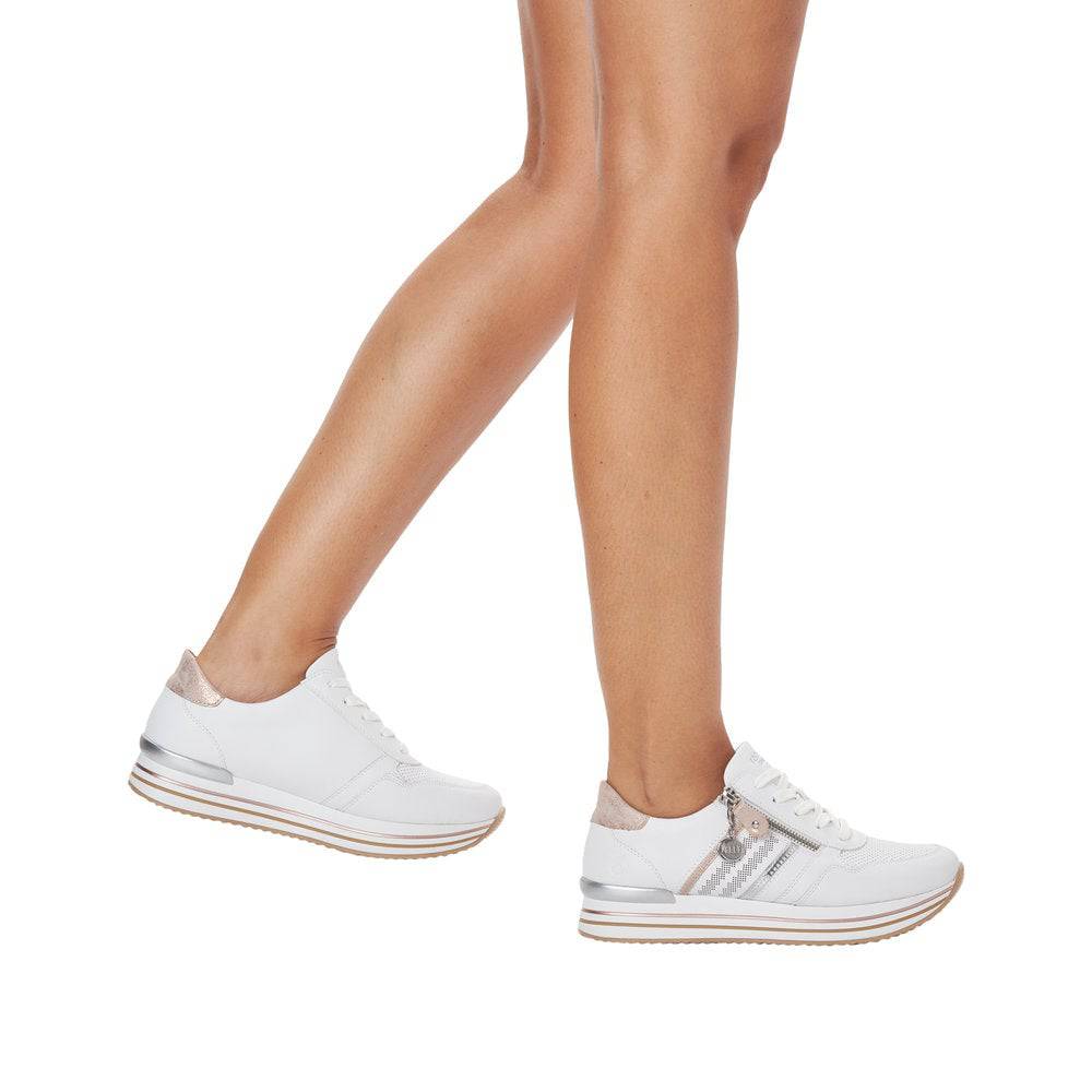 Remonte D1318-80 Ladies White And Rose Gold Leather & Textile Zip & Lace Trainers-elevate your sole