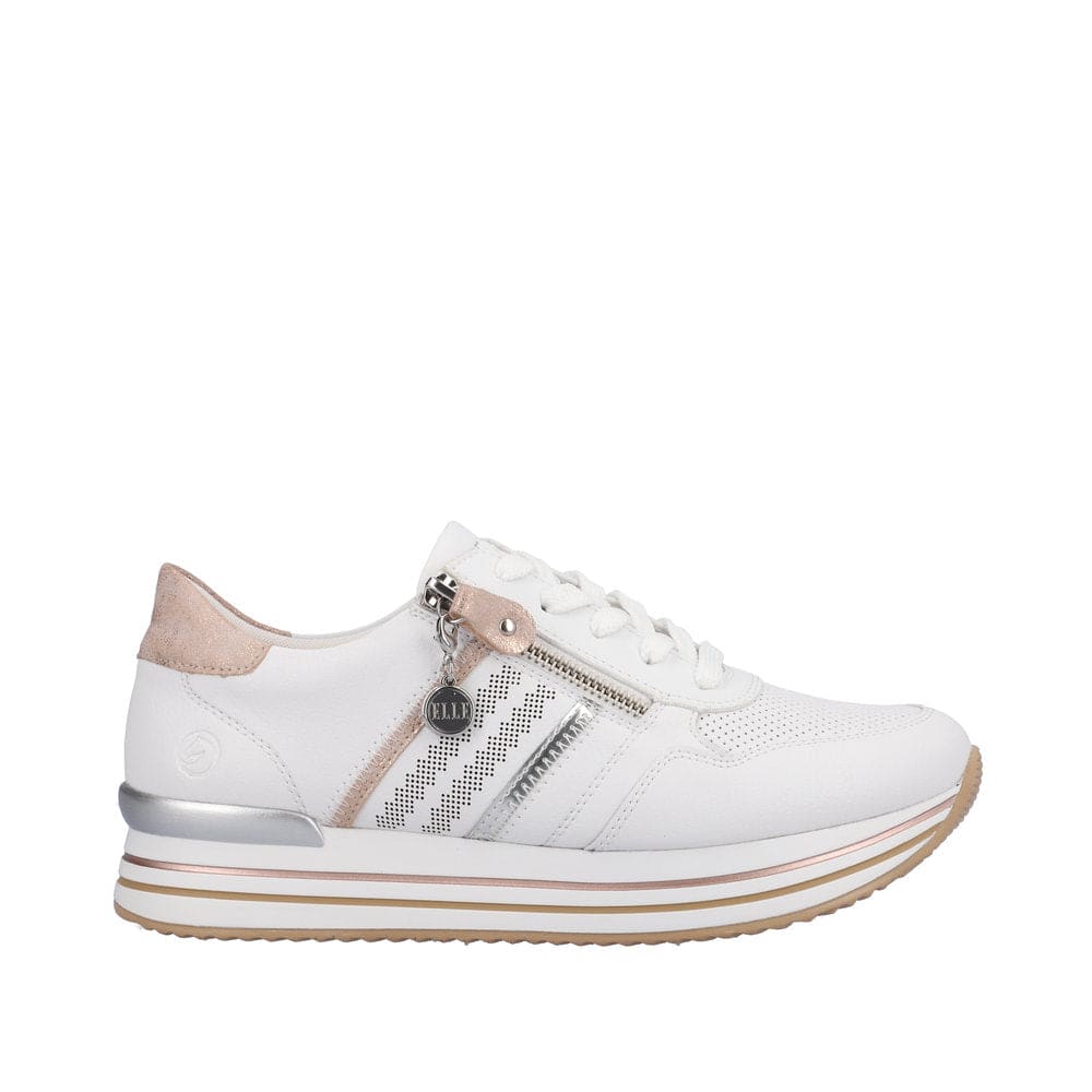 Remonte D1318-80 Ladies White And Rose Gold Leather & Textile Zip & Lace Trainers-elevate your sole