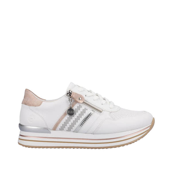 Remonte D1318-80 Ladies White And Rose Gold Leather & Textile Zip & Lace Trainers-elevate your sole