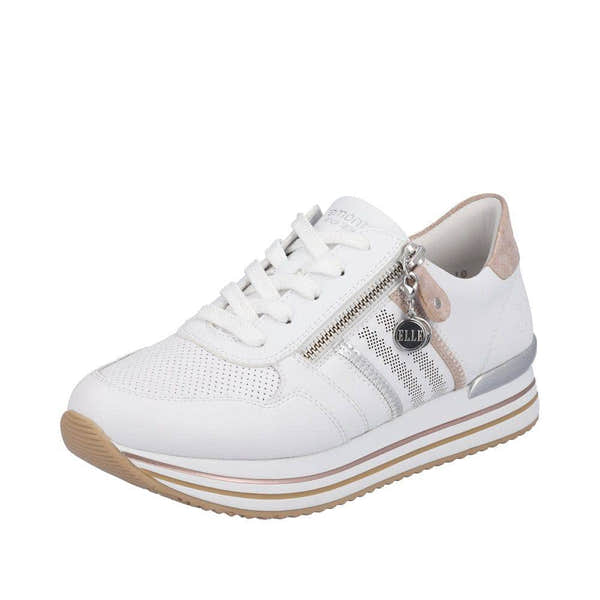 Remonte D1318-80 Ladies White And Rose Gold Leather & Textile Zip & Lace Trainers-elevate your sole