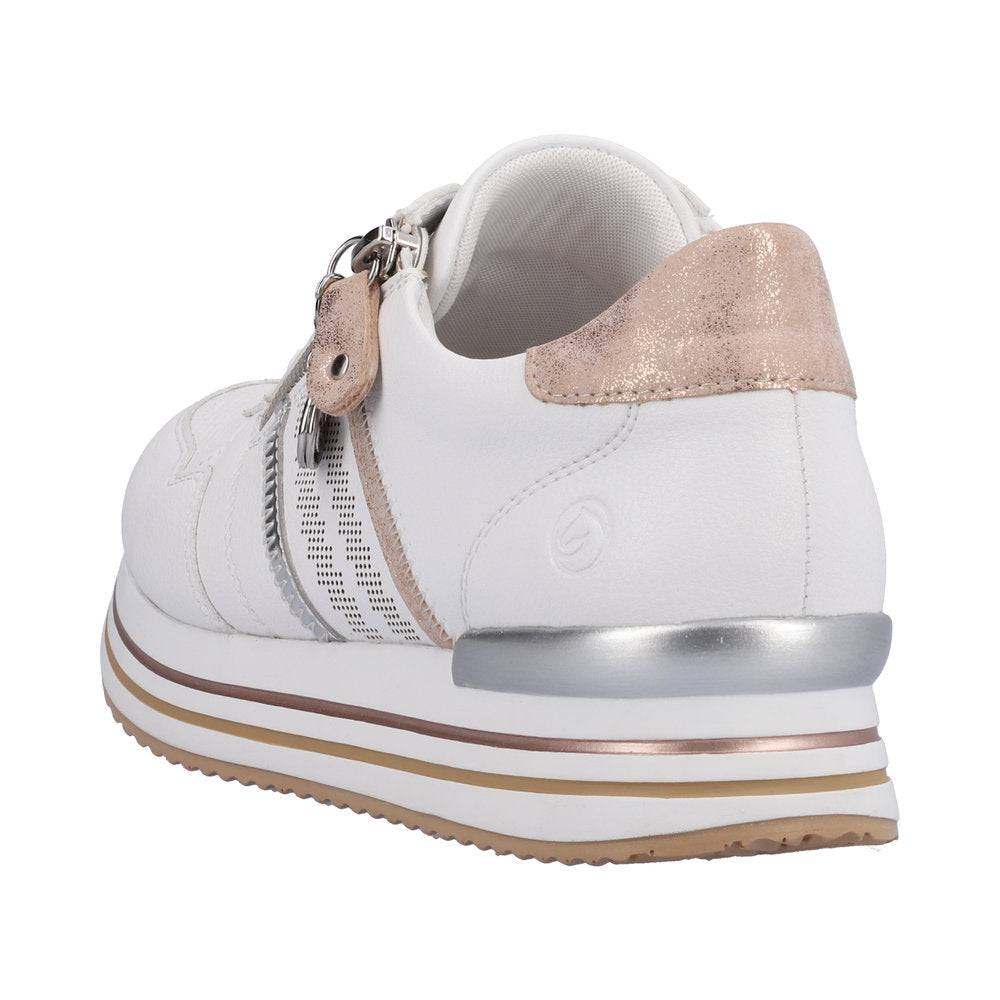 Remonte D1318-80 Ladies White And Rose Gold Leather & Textile Zip & Lace Trainers-elevate your sole