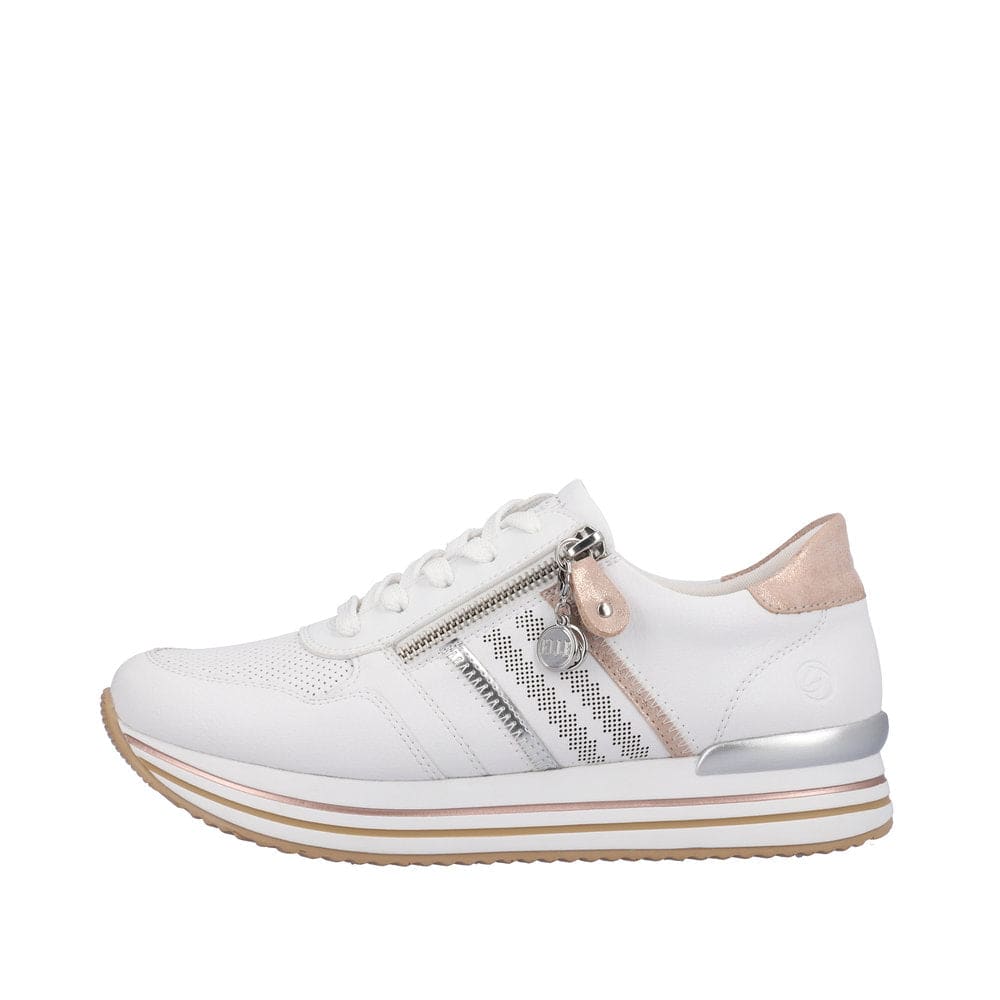 Remonte D1318-80 Ladies White And Rose Gold Leather & Textile Zip & Lace Trainers-elevate your sole