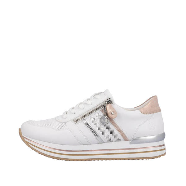 Remonte D1318-80 Ladies White And Rose Gold Leather & Textile Zip & Lace Trainers-elevate your sole
