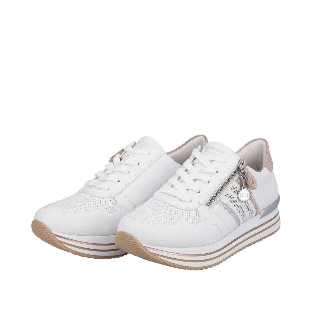 Remonte D1318-80 Ladies White And Rose Gold Leather & Textile Zip & Lace Trainers-elevate your sole