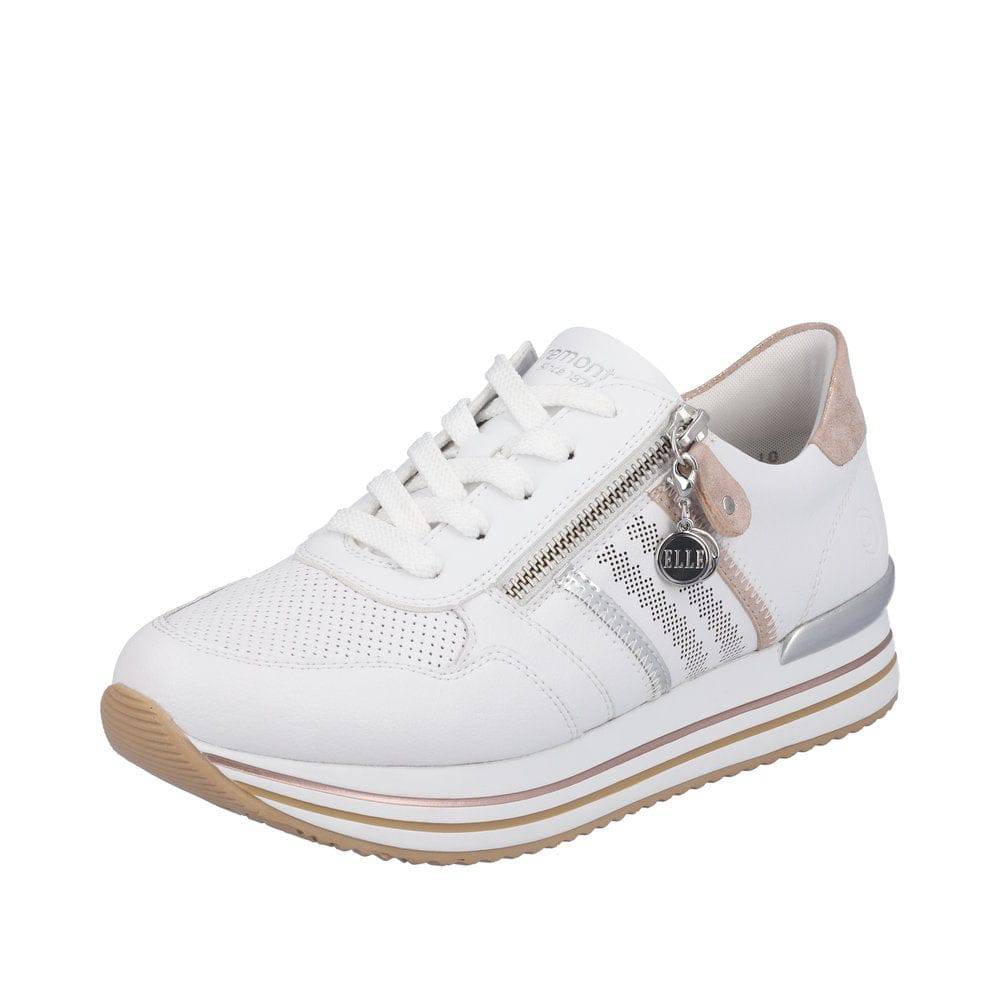 Remonte D1318-80 Ladies White And Rose Gold Leather & Textile Zip & Lace Trainers-elevate your sole