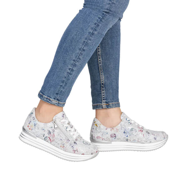 Remonte D1326-90 Ladies multi-colored suede shoes with zippers, laces, and a white sole, floral pattern, casual style.