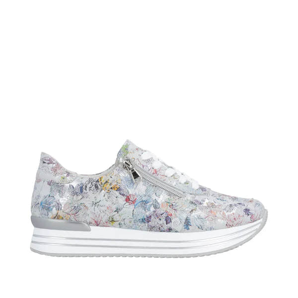 Remonte D1326-90 women's multi suede shoes with lace, zip closure, floral print, and white striped sole.