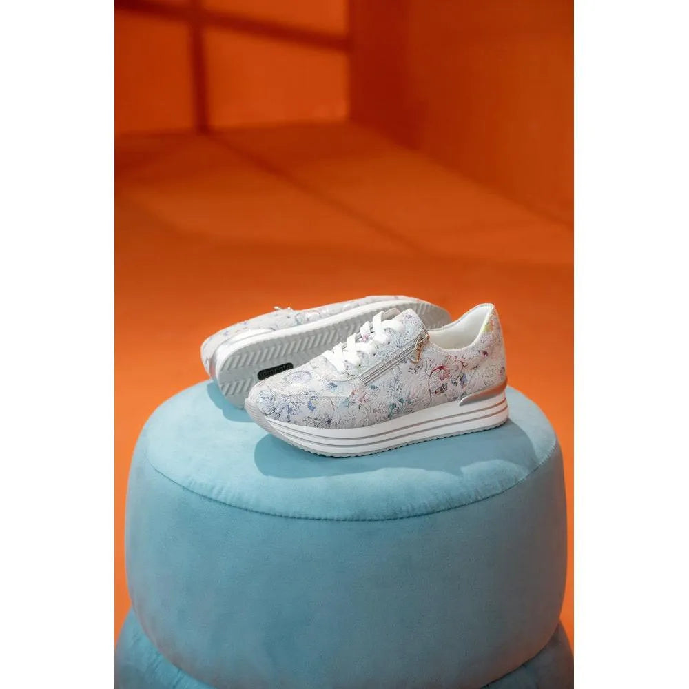 Remonte D1326-90 women's multi suede sneakers with lace-up, zip detail, chunky white sole, and floral pattern.