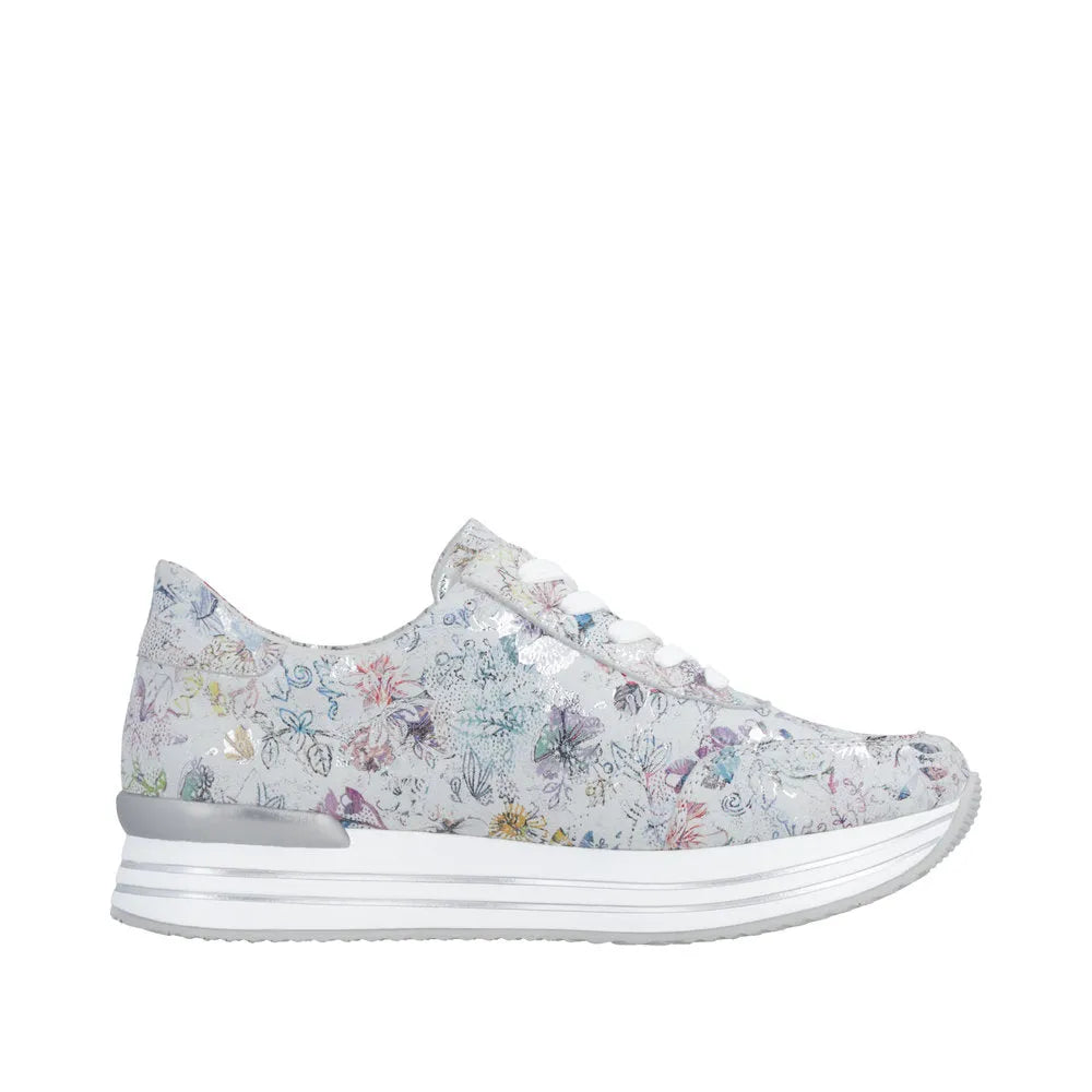 Remonte D1326-90 ladies’ multi-colored suede sneakers with floral pattern, lace-up and side zip, chunky white sole.