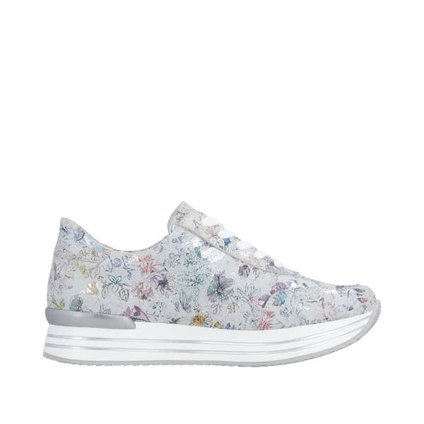 Remonte D1326-90 ladies’ multi-colored suede sneakers with floral pattern, lace-up and side zip, chunky white sole.