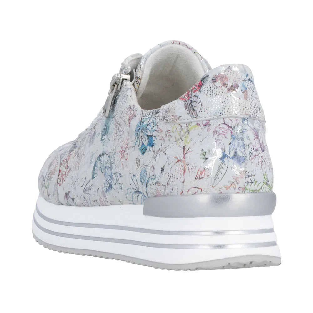 Remonte D1326-90 ladies' multi-colored suede sneakers with floral print, zip and lace-up closure, and white platform sole.