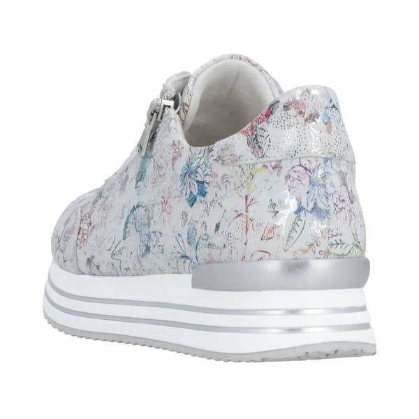 Remonte D1326-90 ladies' multi-colored suede sneakers with floral print, zip and lace-up closure, and white platform sole.