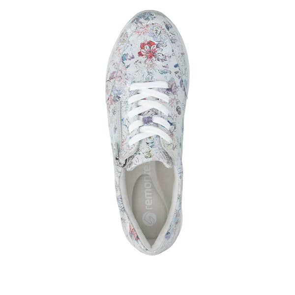 Remonte D1326-90 women's multi-colored suede lace-up and zip shoes with floral pattern and white laces.