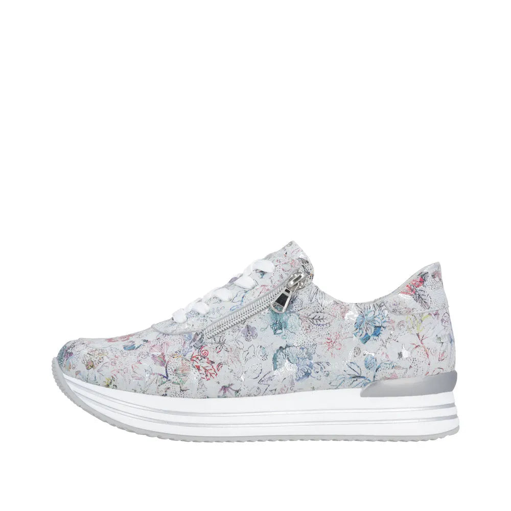 Remonte D1326-90 women's multi-colored suede shoes with lace-up and zipper, chunky white sole, floral pattern.