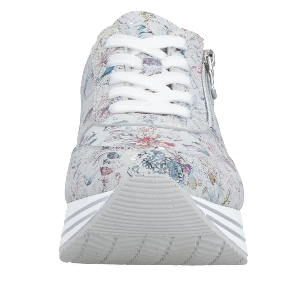 Remonte D1326-90 women's multi-colored suede sneaker with white laces and side zipper detail.