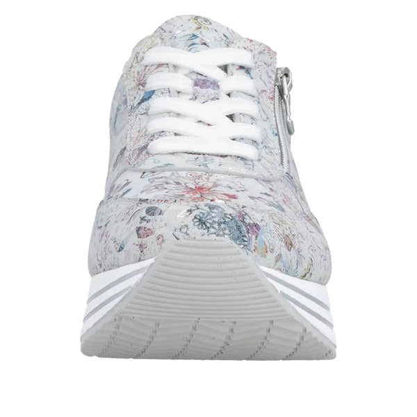 Remonte D1326-90 women's multi-colored suede sneaker with white laces and side zipper detail.