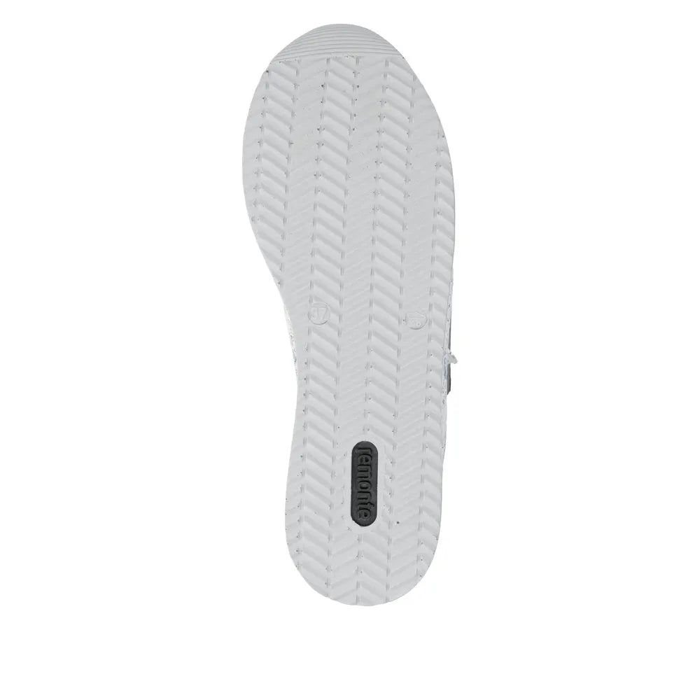 White sole of Remonte D1326-90 ladies multi suede zip and lace shoes with textured tread pattern.