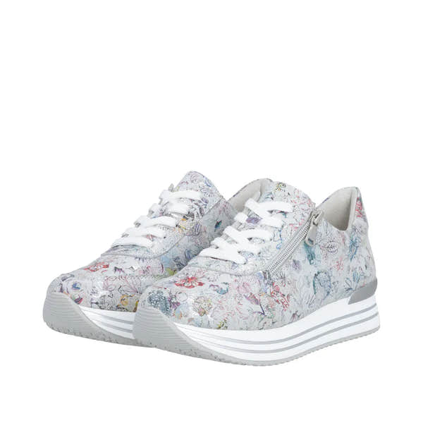 Remonte D1326-90 women's multi-colored suede shoes with lace-up, zipper detail, and striped white sole.