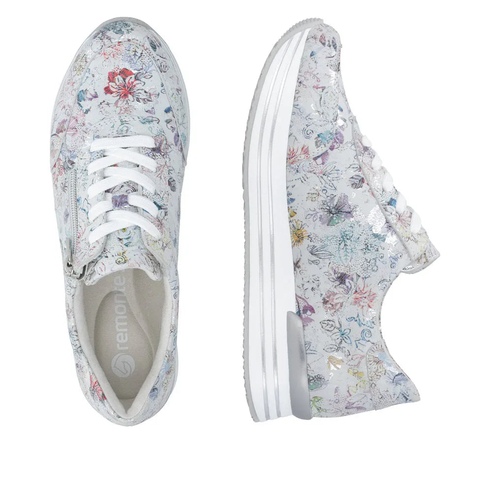 Remonte D1326-90 ladies' multi-colored floral suede sneakers with laces and side zipper, thick white sole.