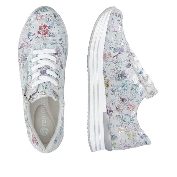 Remonte D1326-90 ladies' multi-colored floral suede sneakers with laces and side zipper, thick white sole.