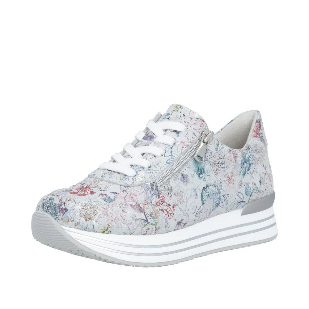 Remonte D1326-90 ladies multi suede sneakers with zip and lace, floral print, and thick white striped platform sole.