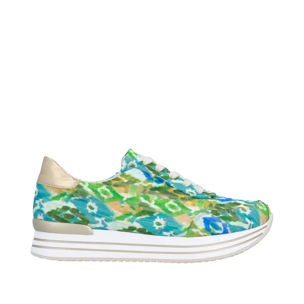 Remonte D1332-90 ladies' green multi lace-up shoes with tie-dye pattern, beige heel tab, and white thick striped sole.