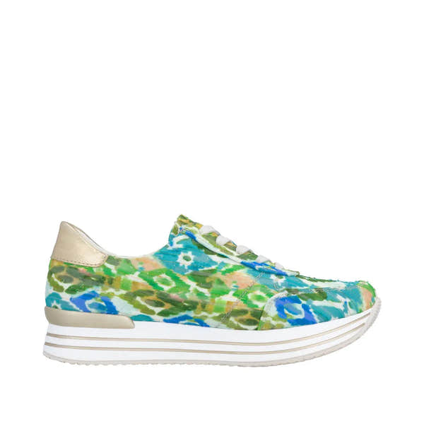 Remonte D1332-90 women's lace-up shoes with a colorful blue, green, and peach tie-dye pattern, beige heel tab, and white striped sole.