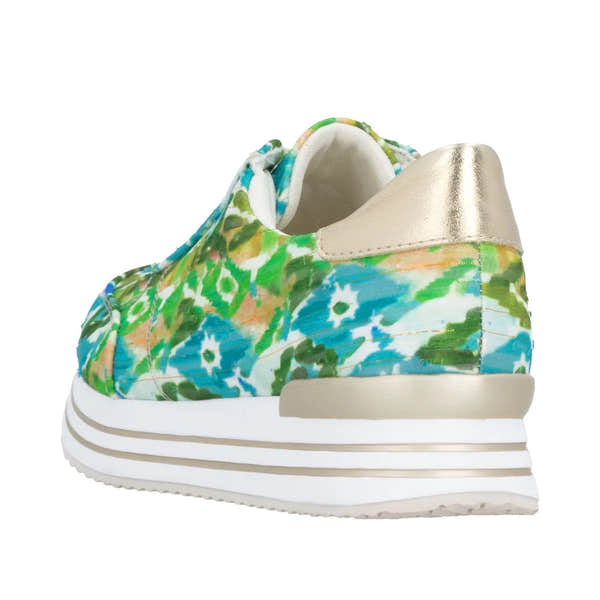Remonte D1332-90 ladies' green multi-color lace-up shoes with floral pattern, metallic heel detail, and thick white sole.