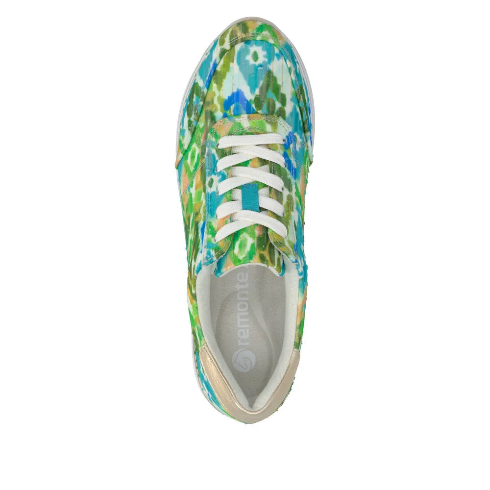 Green multi-lace up shoes with floral print, canvas upper, white laces, and beige accents, casual style for women.