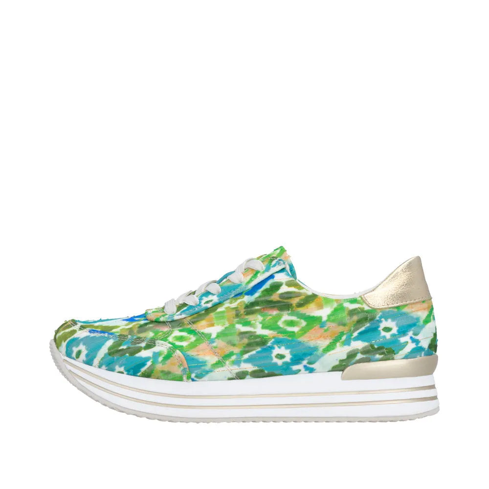 Green multi lace-up sneaker with floral pattern, white sole, and metallic gold heel detail.