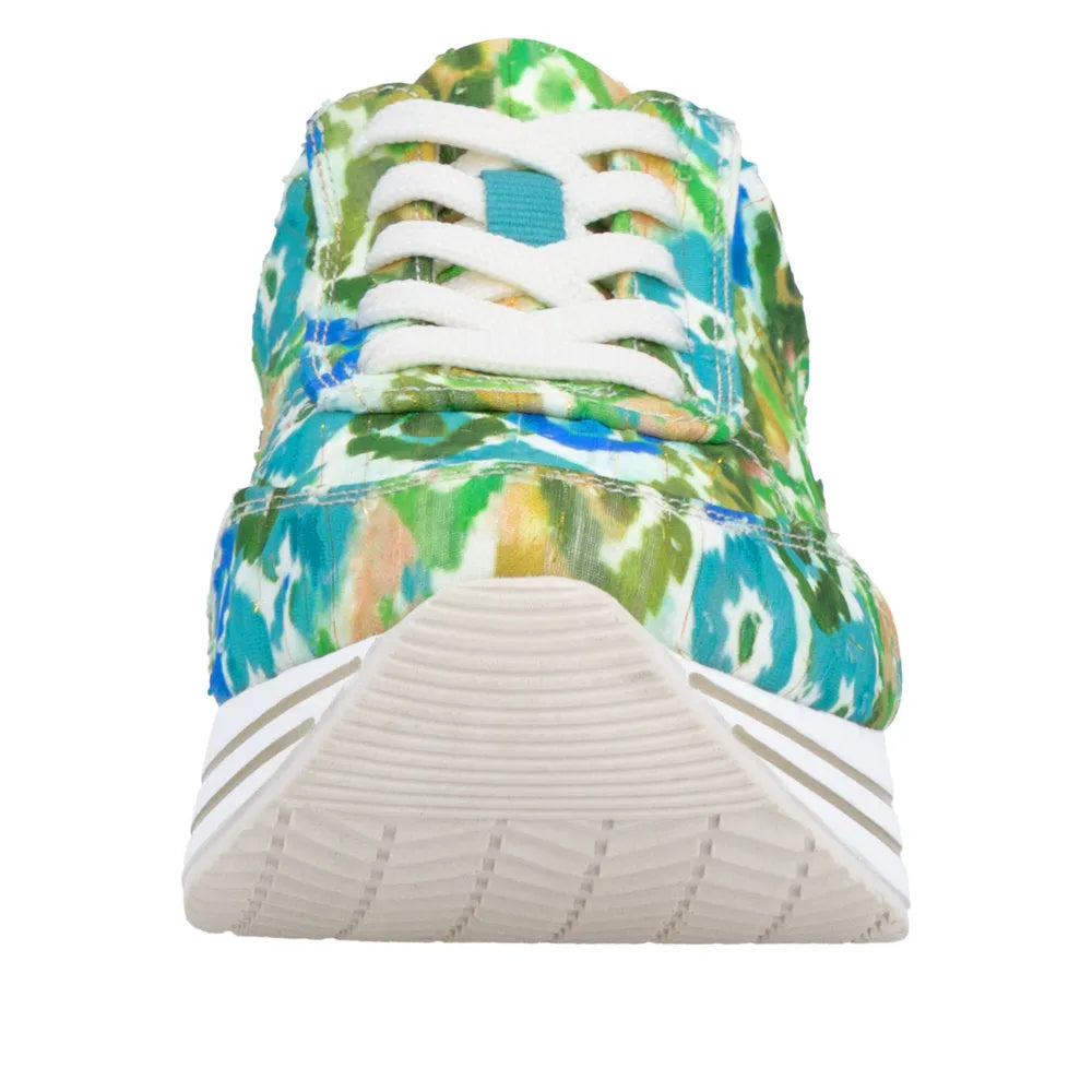 Remonte D1332-90 women's lace-up shoes with a colorful, tie-dye pattern in green, blue, and beige, with white laces and sole.