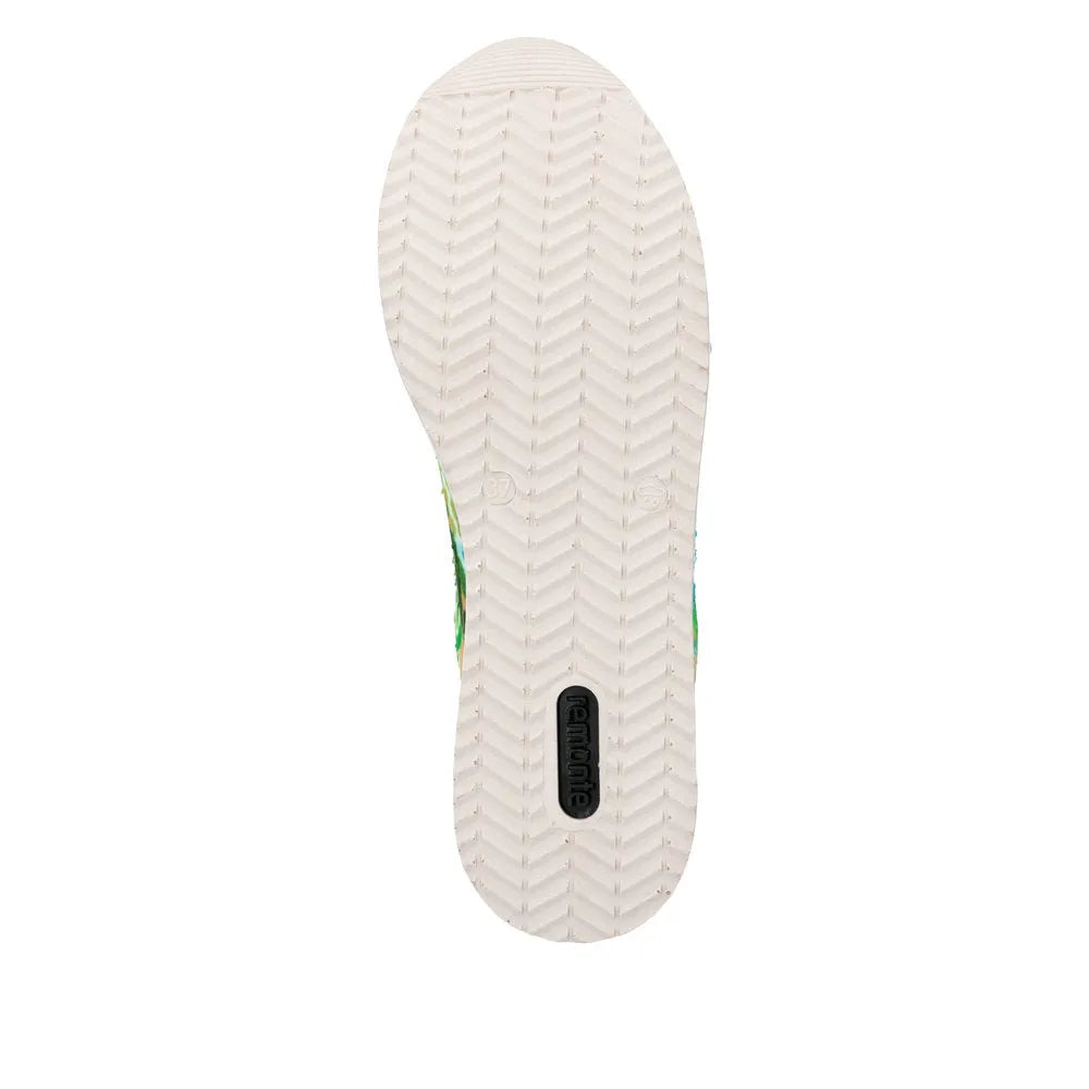 Remonte D1332-90 women's green multi lace-up shoes with textured white rubber sole and black Remonte logo detail.