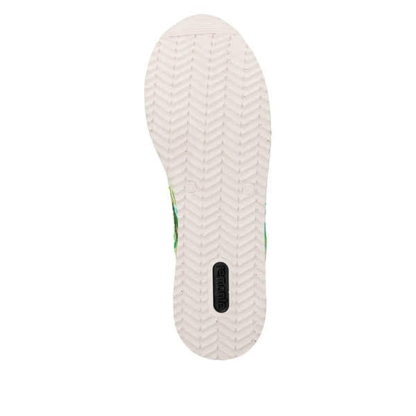 Remonte D1332-90 women's green multi lace-up shoes with textured white rubber sole and black Remonte logo detail.