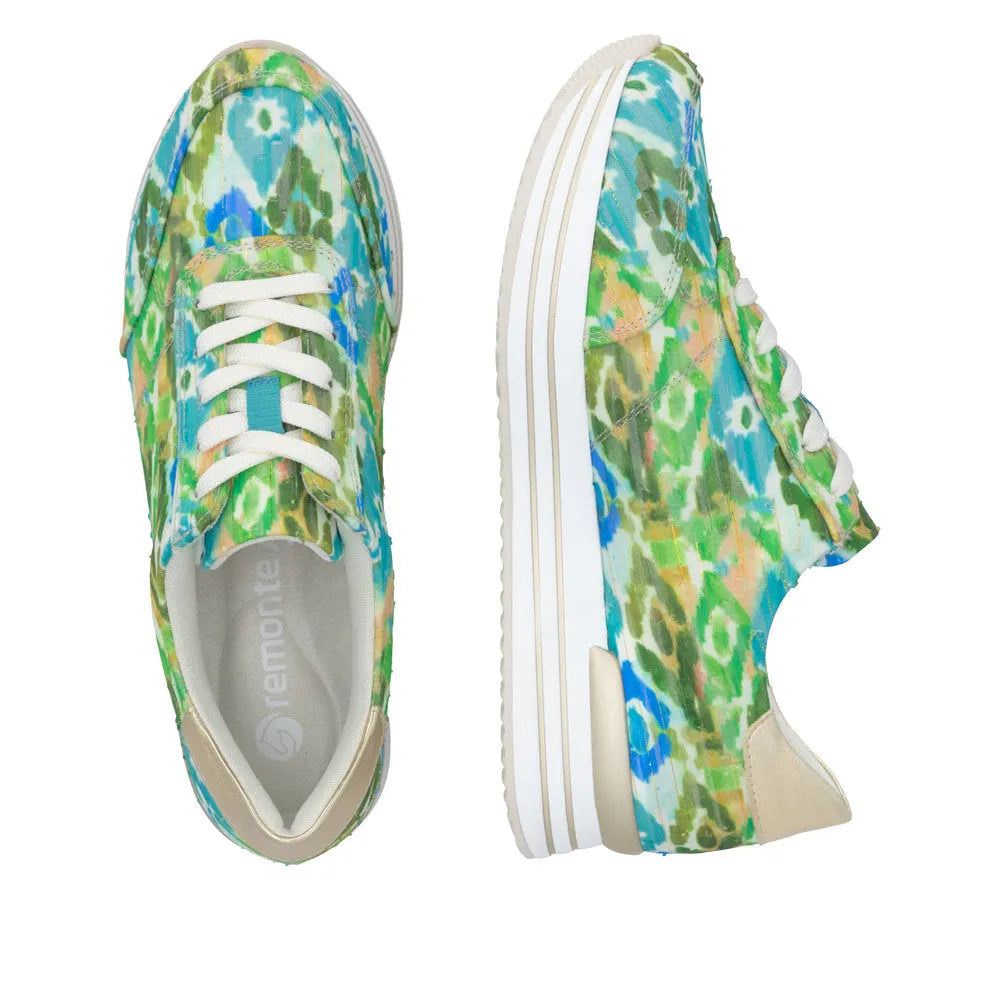 Remonte D1332-90 ladies green multi lace-up shoes with colorful floral pattern, beige accents, and white rubber soles.