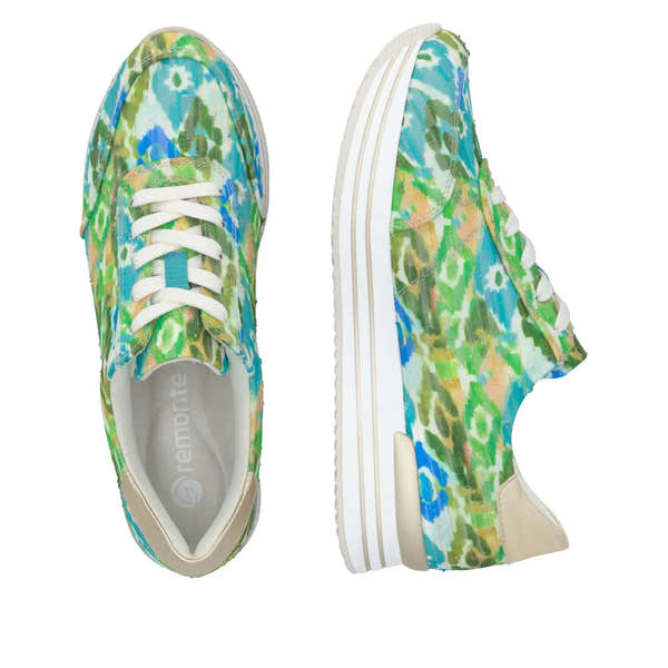 Remonte D1332-90 ladies green multi lace-up shoes with colorful floral pattern, beige accents, and white rubber soles.