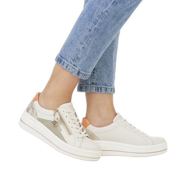 Remonte D1C01-81 Ladies Off White Leather Zip & Lace Trainers-elevate your sole