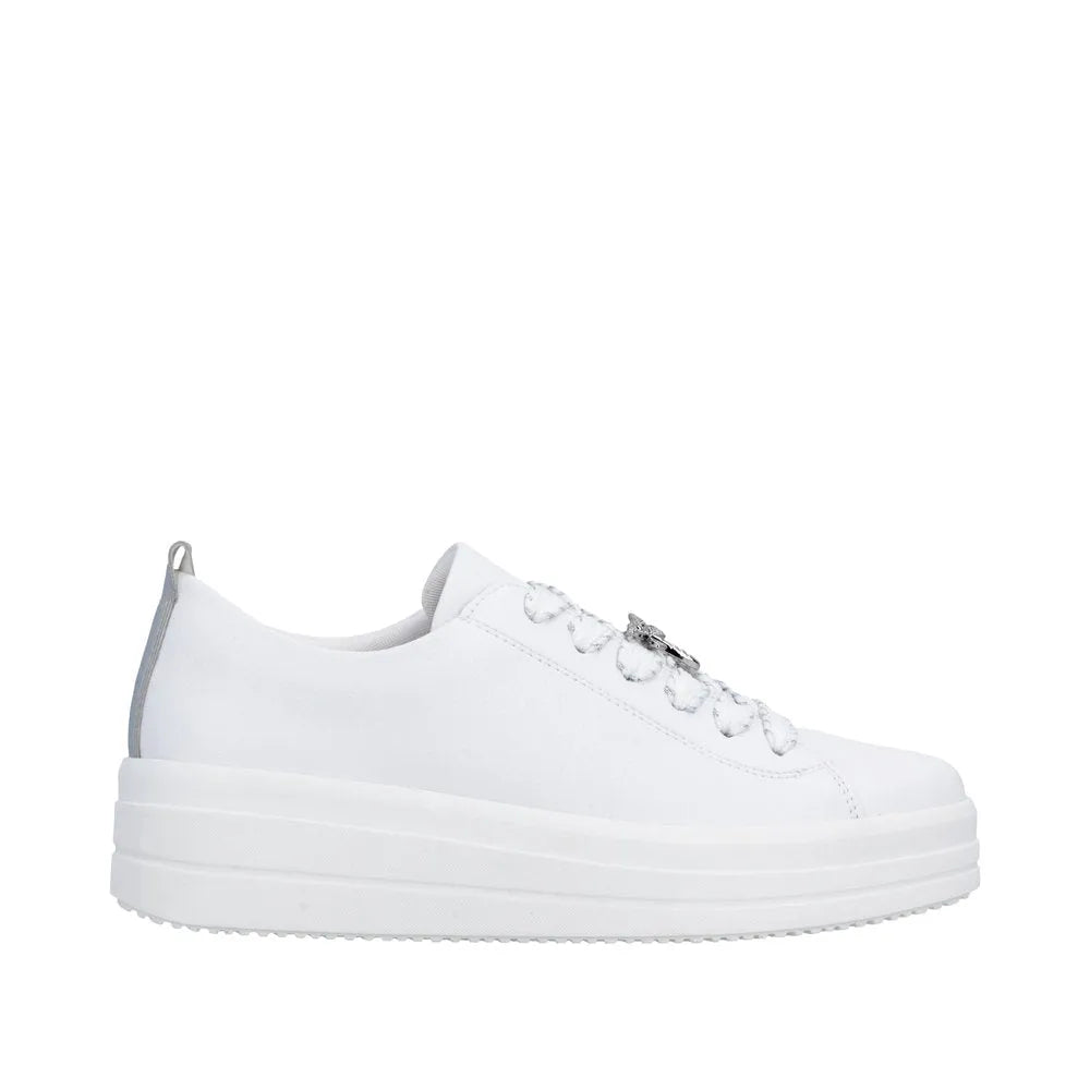 White leather lace-up sneaker with thick platform sole and silver zip detail on laces.