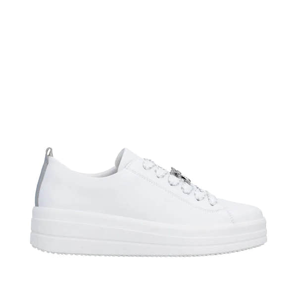 White leather lace-up sneaker with thick platform sole and silver zip detail on laces.