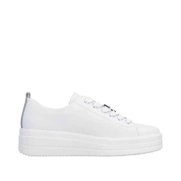 White leather lace-up shoes with chunky sole, minimal design, and subtle stitching details.